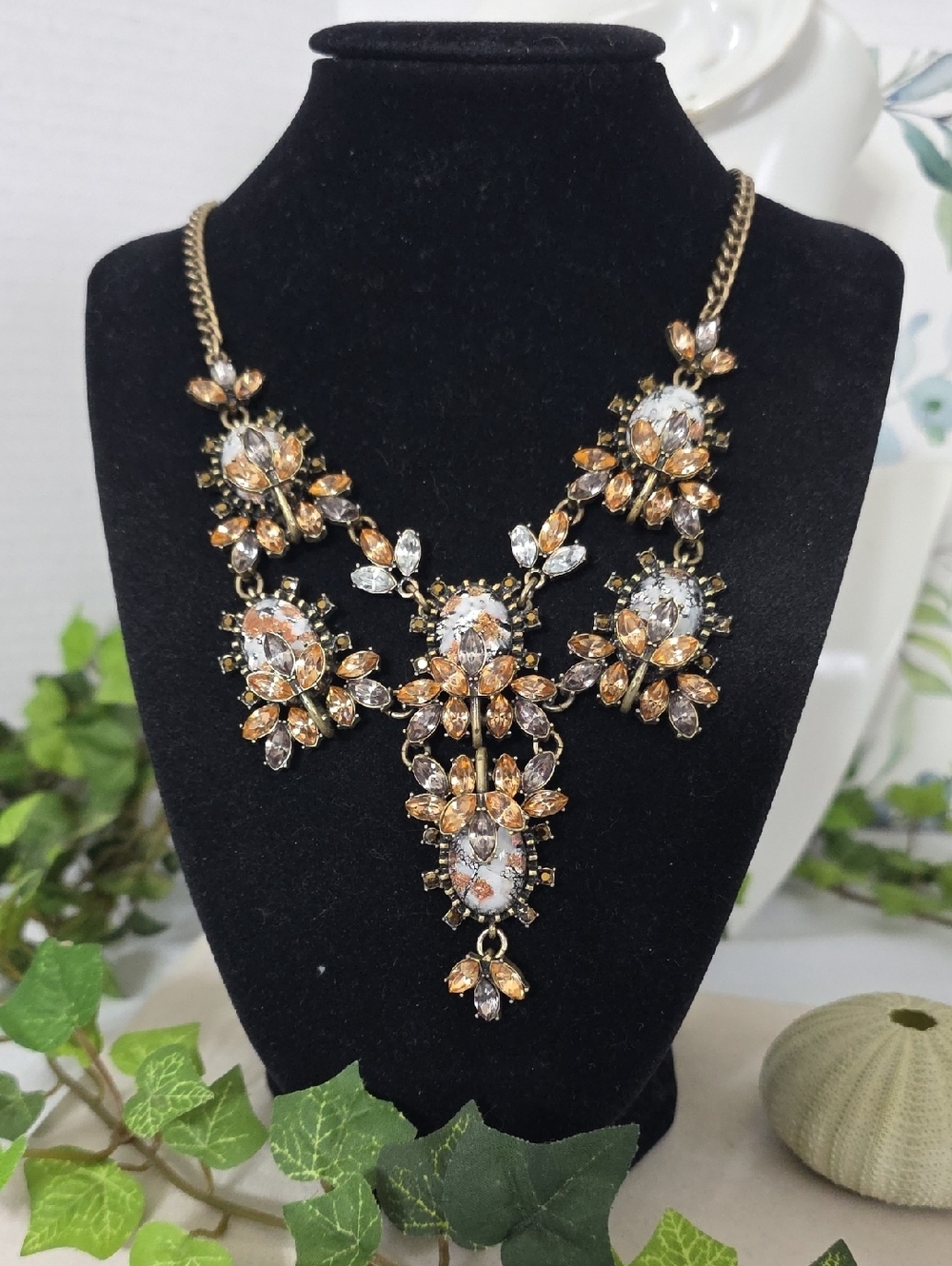 Vintage Style Bronze Bib Necklace | Amber & Smoke Crystal Statement